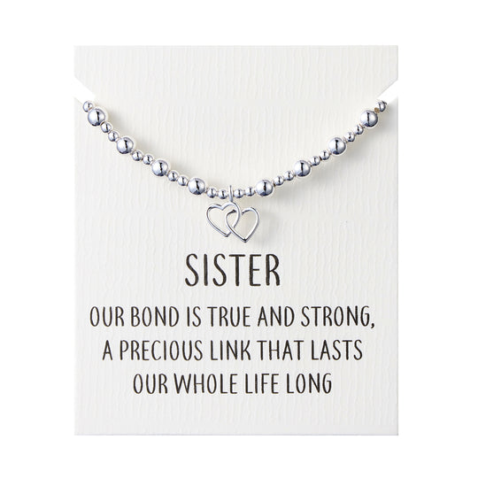 Sister Heart Link Beaded Stretch Bracelet with Quote Card