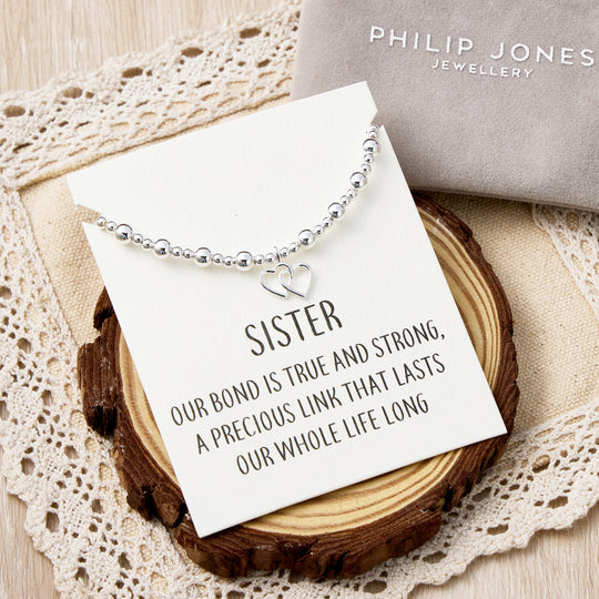 Sister Heart Link Beaded Stretch Bracelet with Quote Card