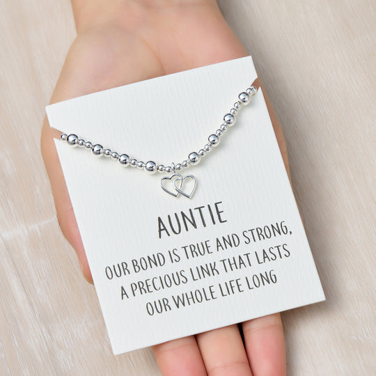 Auntie Heart Link Beaded Stretch Bracelet with Quote Card