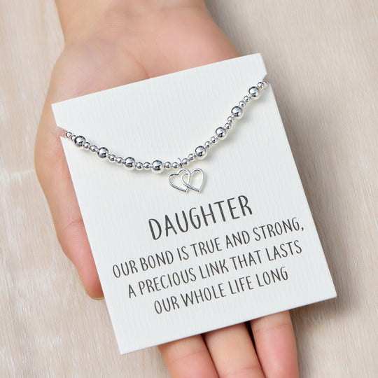 Daughter Heart Link Beaded Stretch Bracelet with Quote Card