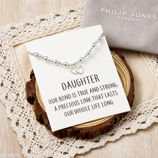Daughter Heart Link Beaded Stretch Bracelet with Quote Card