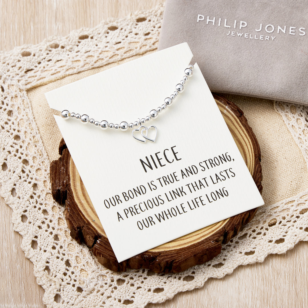 Niece Heart Link Beaded Stretch Bracelet with Quote Card