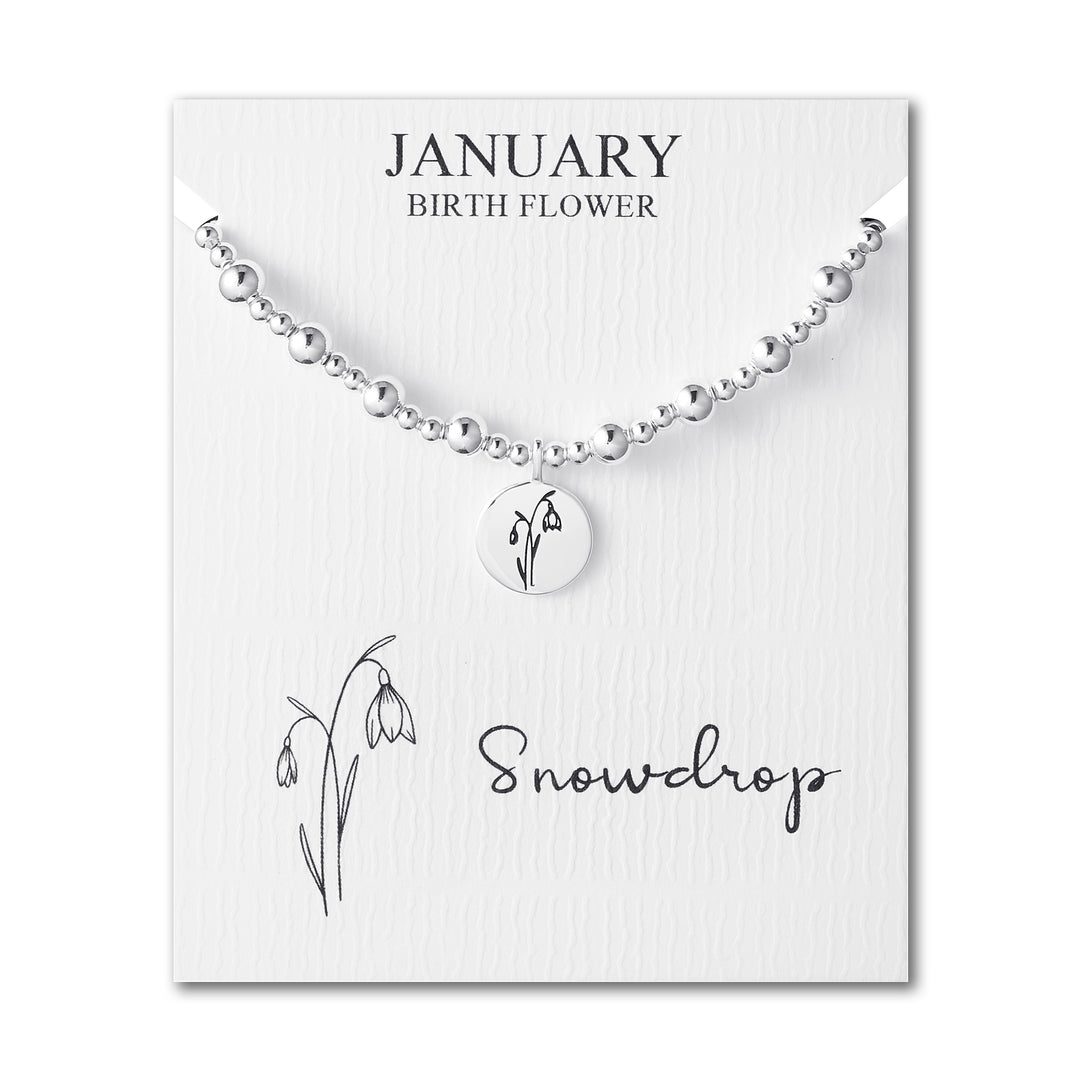 January Birth Flower Snowdrop Beaded Stretch Bracelet