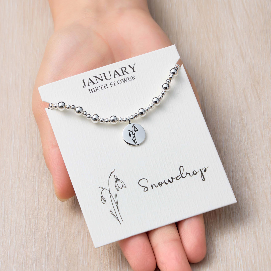 January Birth Flower Snowdrop Beaded Stretch Bracelet