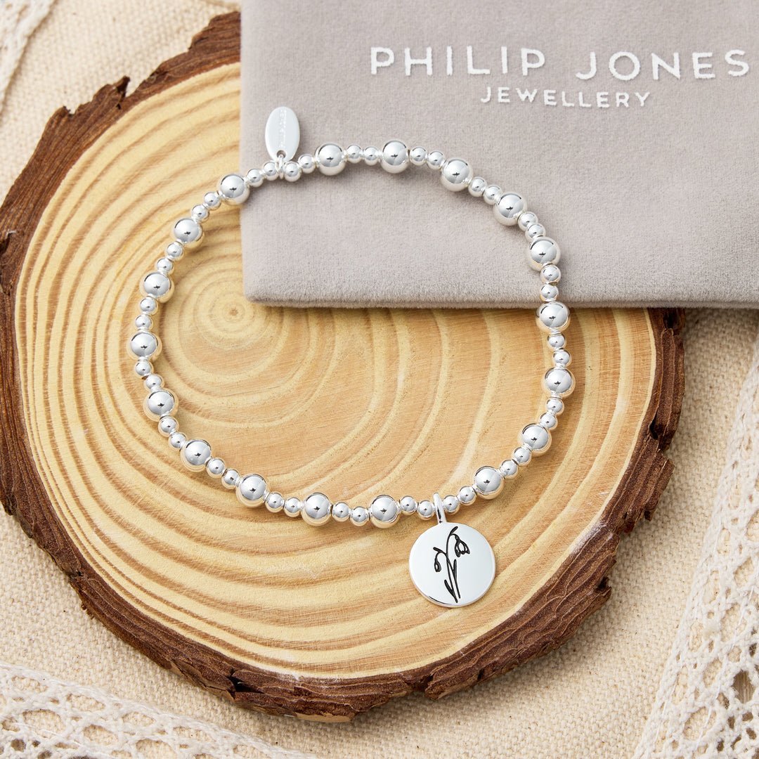 January Birth Flower Snowdrop Beaded Stretch Bracelet