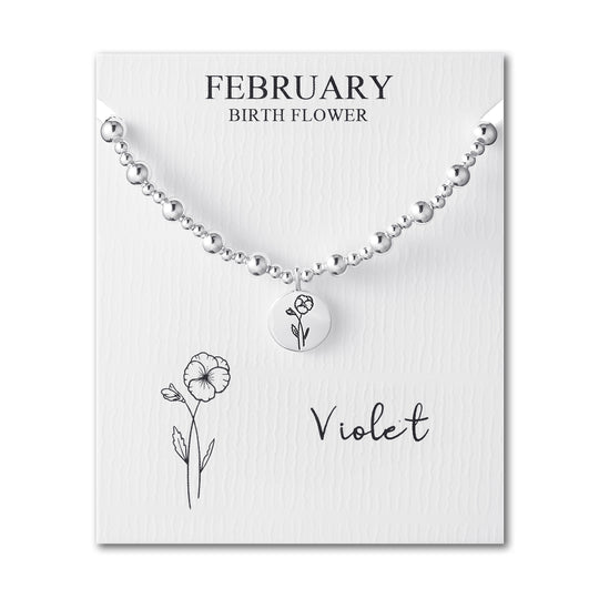 February Birth Flower Violet Beaded Stretch Bracelet - Philip Jones Jewellery