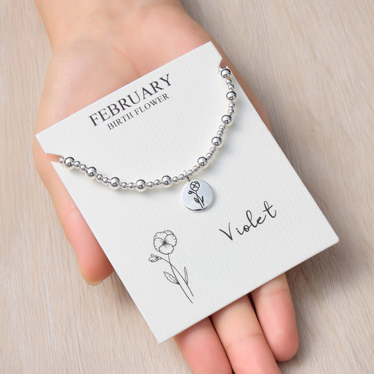 February Birth Flower Violet Beaded Stretch Bracelet
