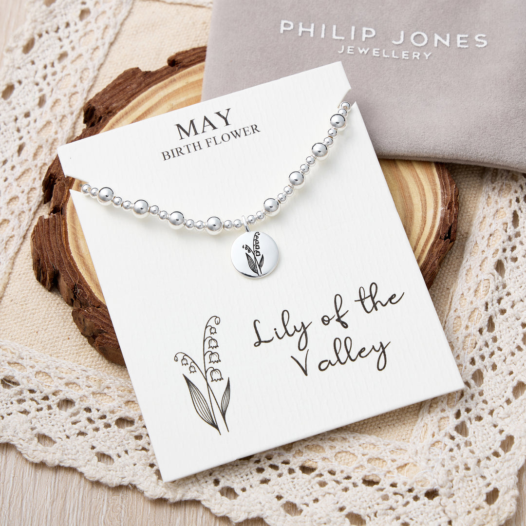 May Birth Flower Lily of the Valley Beaded Stretch Bracelet