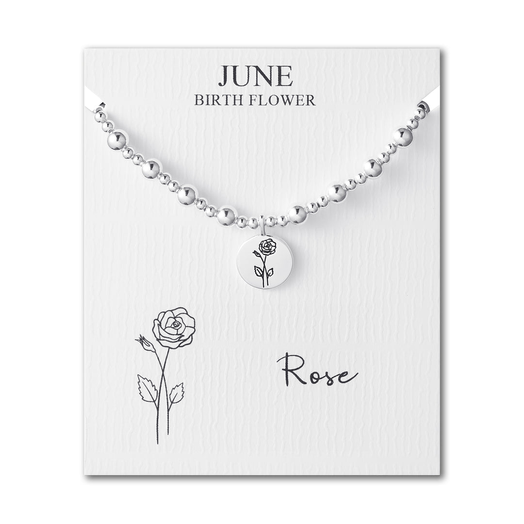 June Birth Flower Rose Beaded Stretch Bracelet - Philip Jones Jewellery