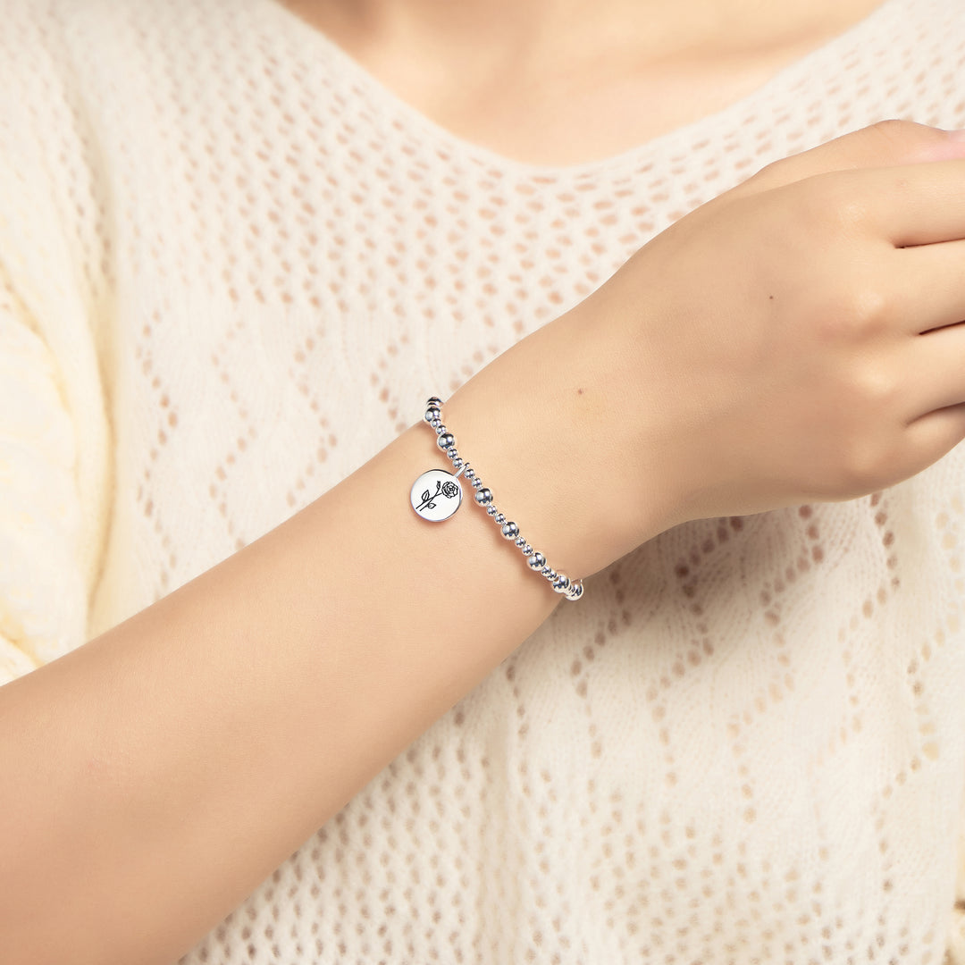 June Birth Flower Rose Beaded Stretch Bracelet
