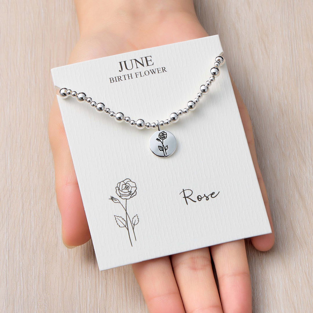 June Birth Flower Rose Beaded Stretch Bracelet
