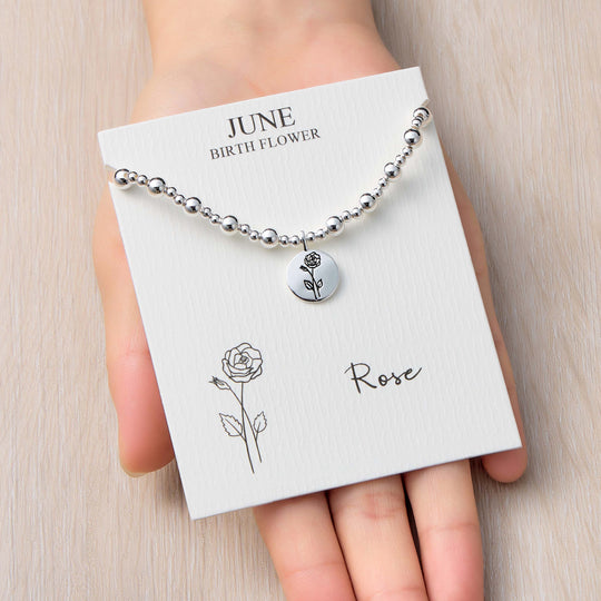 June Birth Flower Rose Beaded Stretch Bracelet