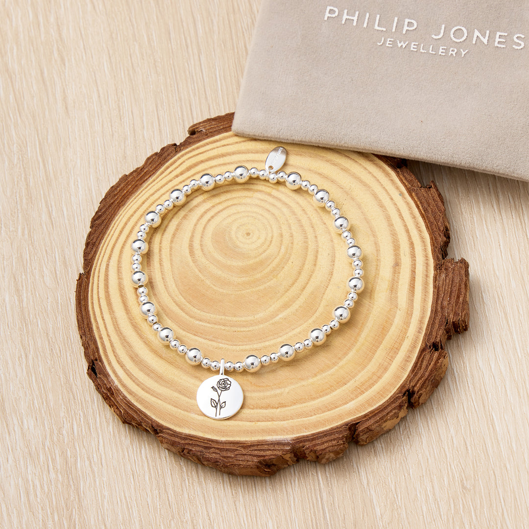 June Birth Flower Rose Beaded Stretch Bracelet