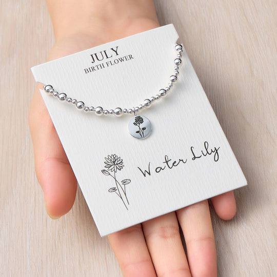 July Birth Flower Water Lily Beaded Stretch Bracelet