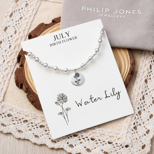 July Birth Flower Water Lily Beaded Stretch Bracelet