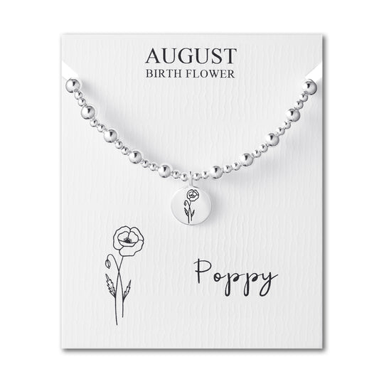 August Birth Flower Poppy Beaded Stretch Bracelet - Philip Jones Jewellery