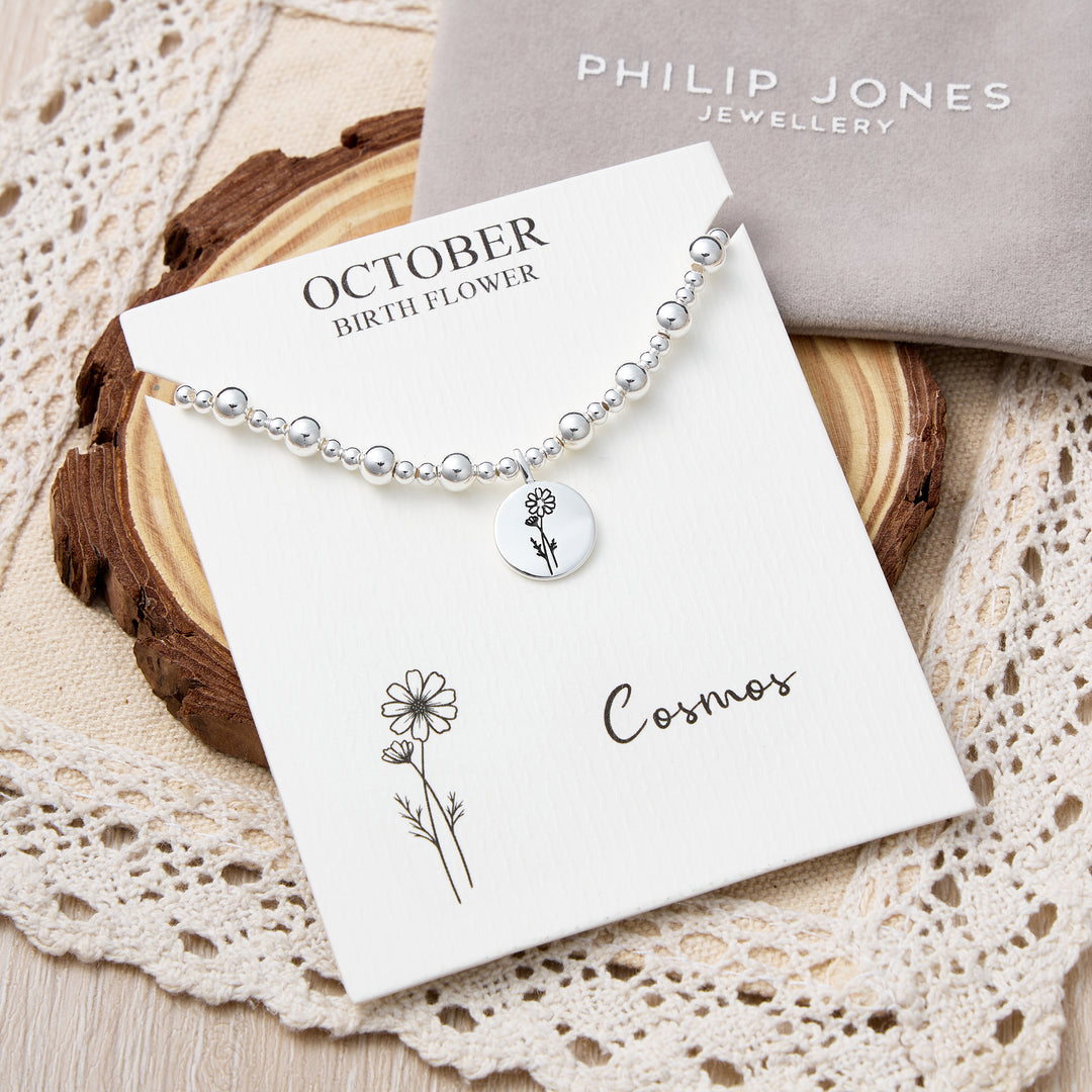 October Birth Flower Cosmos Beaded Stretch Bracelet