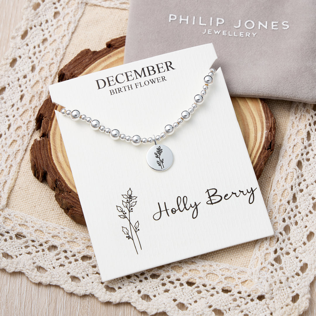 December Birth Flower Holly Berry Beaded Stretch Bracelet