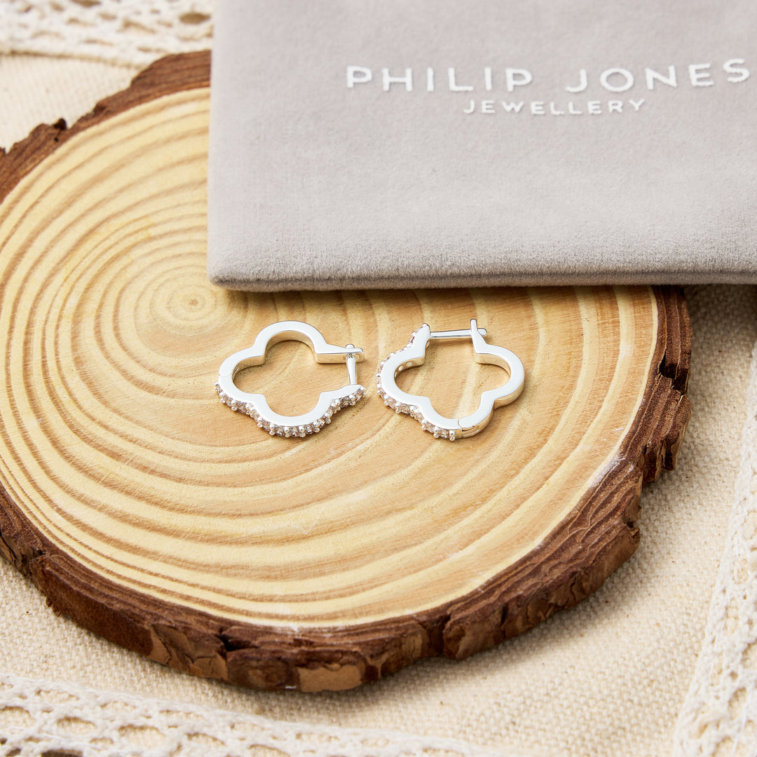 Silver Plated Clover Hoop Earrings Created with Zircondia® Crystals