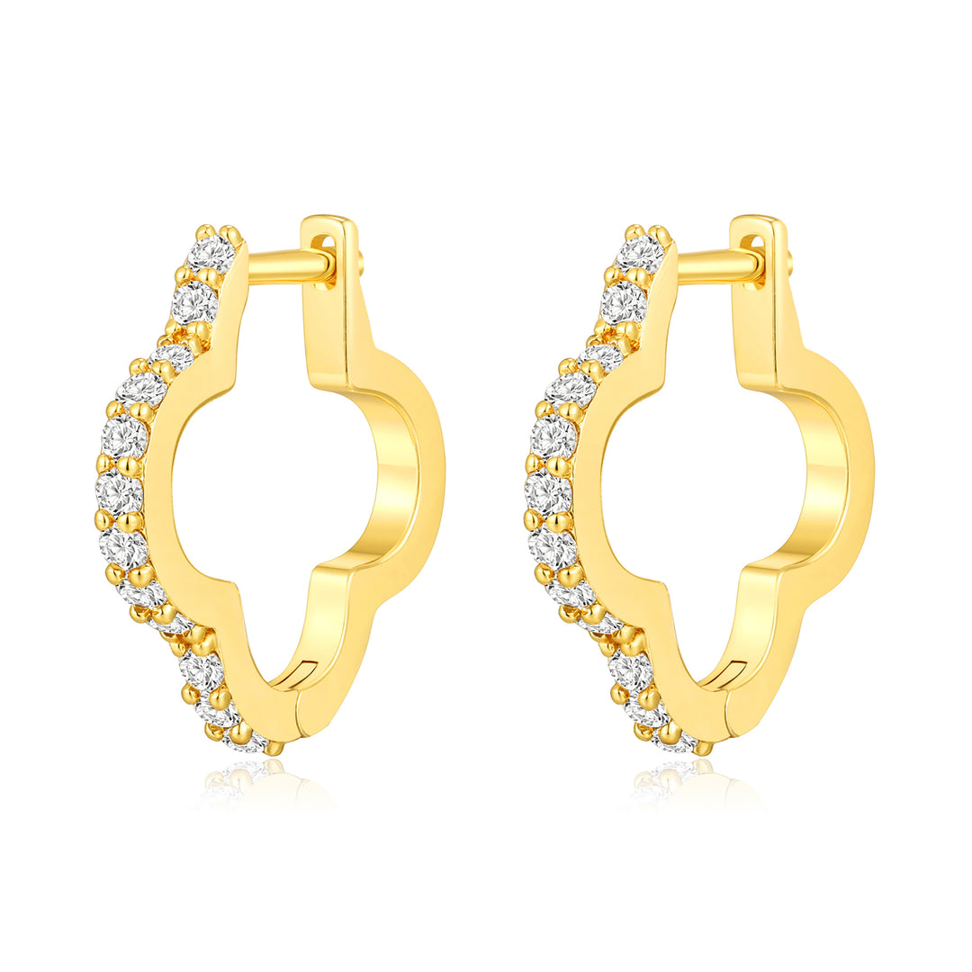 18k Gold Plated Clover Hoop Earrings Created with Zircondia® Crystals - Philip Jones Jewellery