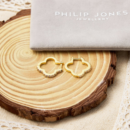 18k Gold Plated Clover Hoop Earrings Created with Zircondia® Crystals