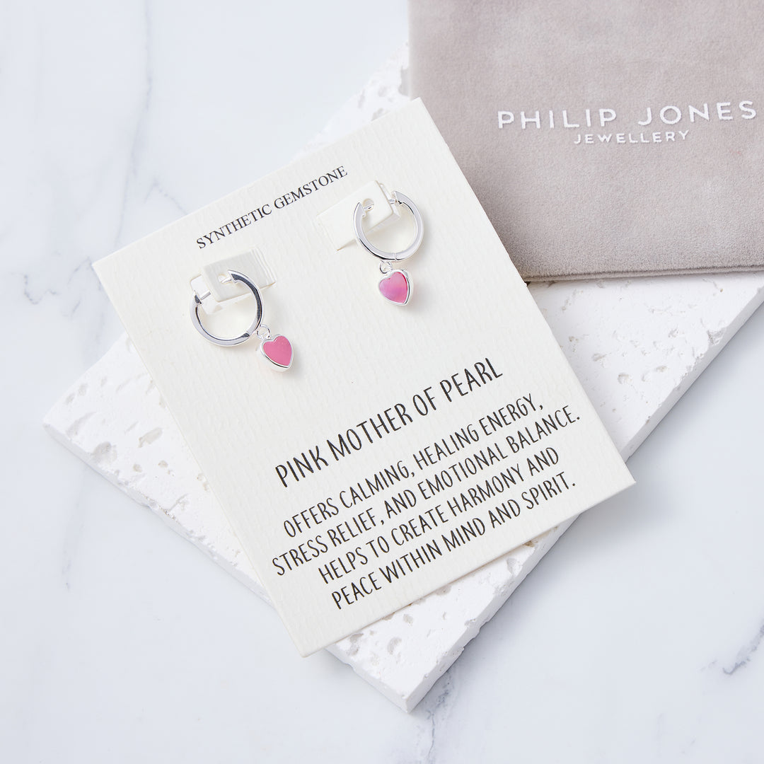 Pink Mother of Pearl Gemstone Heart Charm Hoop Earrings with Quote Card