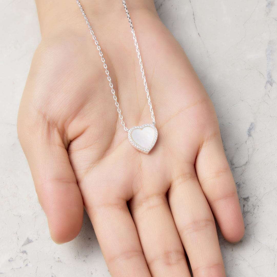 Mother of Pearl Gemstone Heart Necklace with Zircondia® Crystals