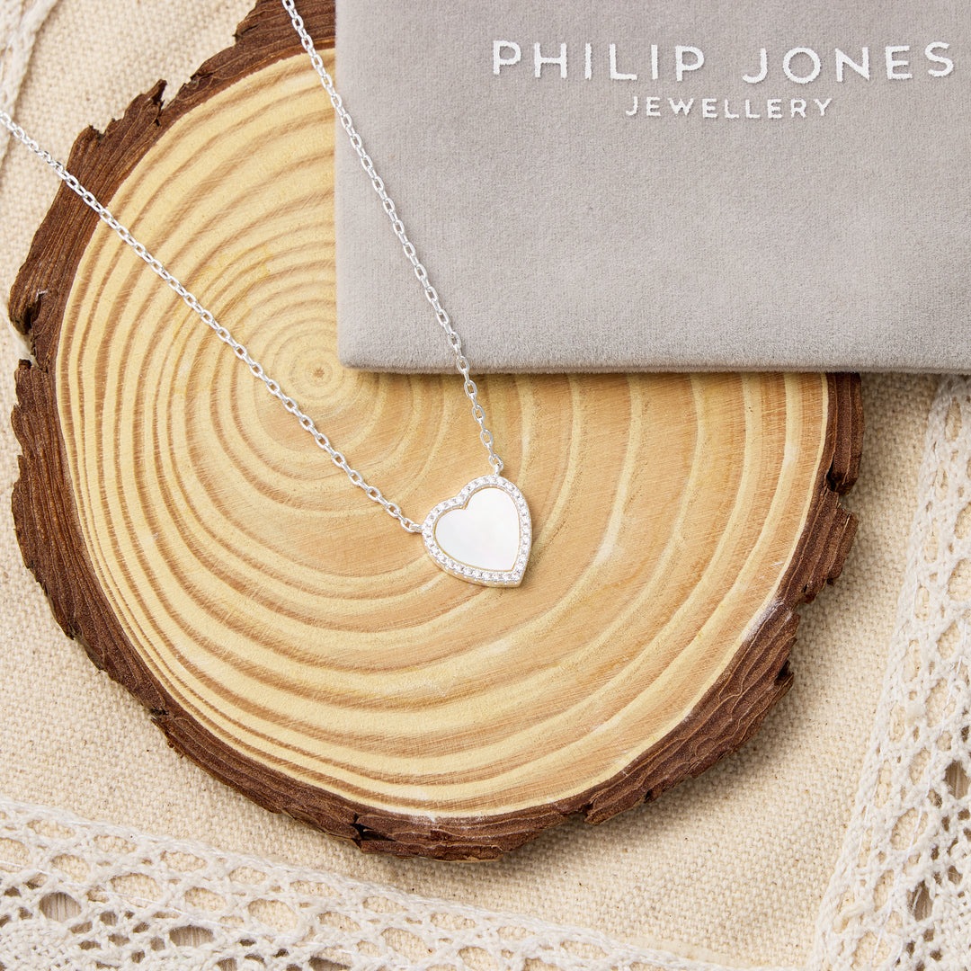 Mother of Pearl Gemstone Heart Necklace with Zircondia® Crystals