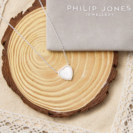 Mother of Pearl Gemstone Heart Necklace with Zircondia® Crystals