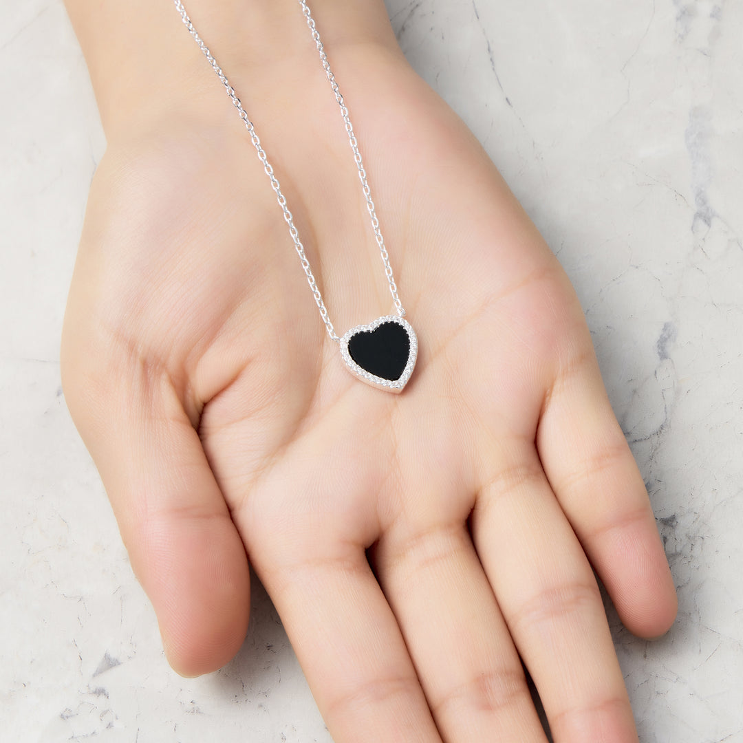 Black Onyx Gemstone Heart Necklace with Zircondia® Crystals