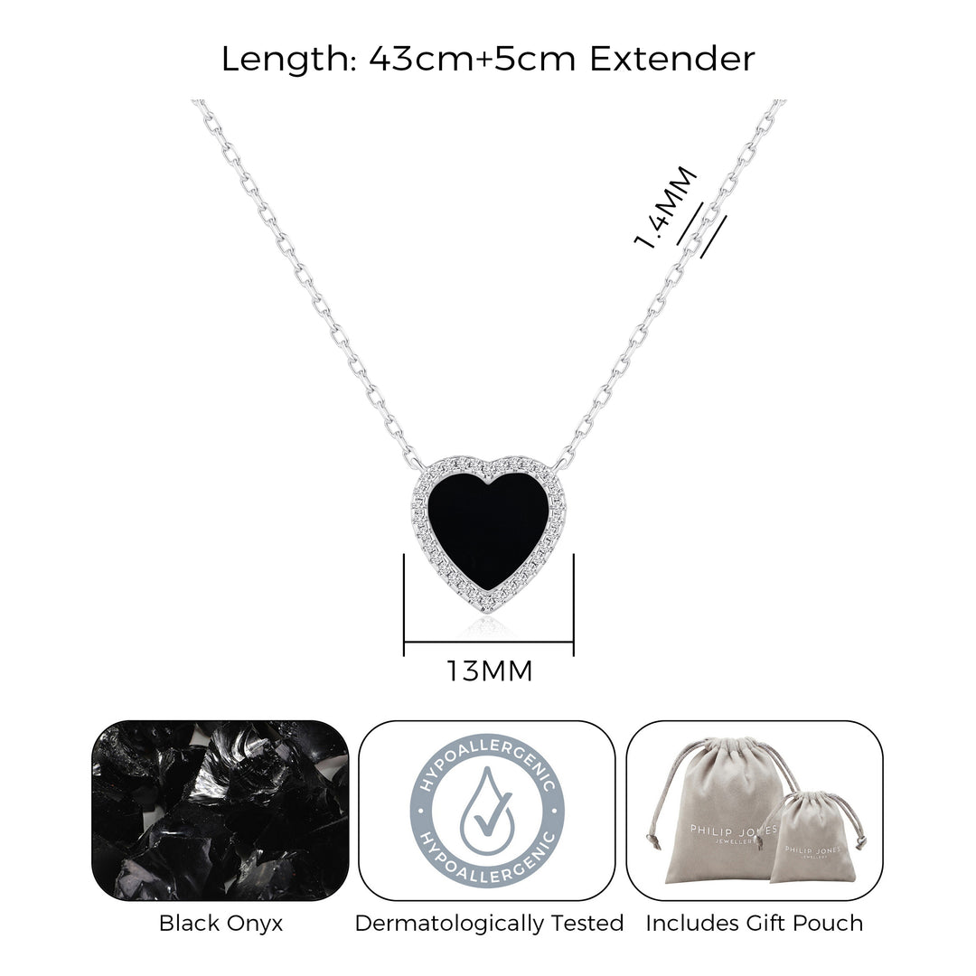 Black Onyx Gemstone Heart Necklace with Zircondia® Crystals