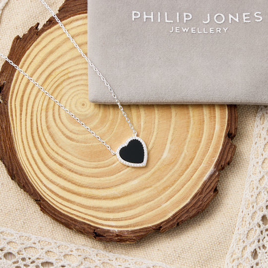Black Onyx Gemstone Heart Necklace with Zircondia® Crystals