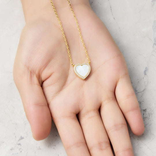 18k Gold Plated Mother of Pearl Gemstone Heart Necklace with Zircondia® Crystals