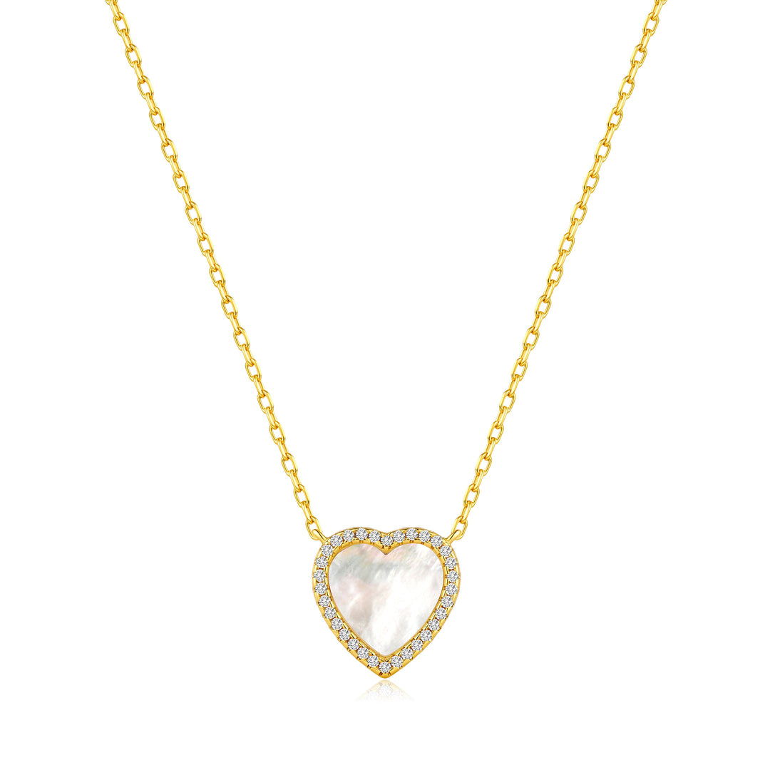 18k Gold Plated Mother of Pearl Gemstone Heart Necklace with Zircondia® Crystals