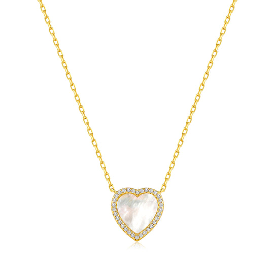 18k Gold Plated Mother of Pearl Gemstone Heart Necklace with Zircondia® Crystals