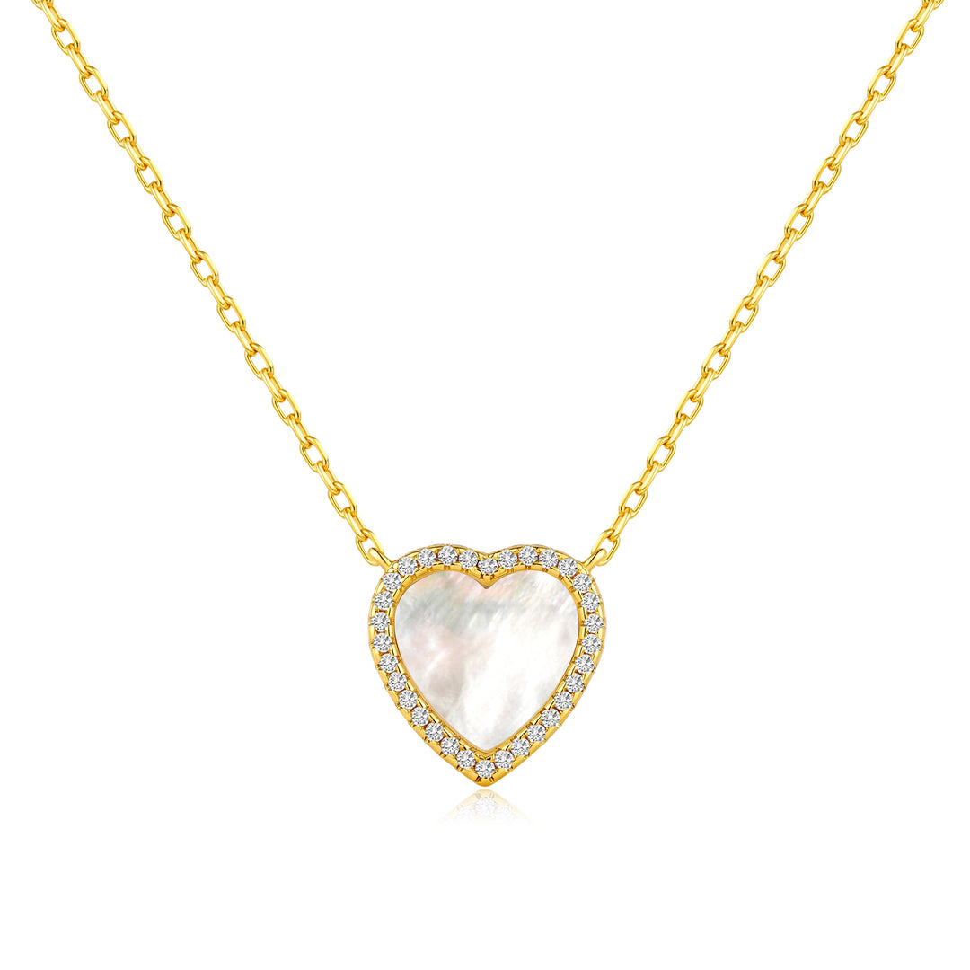 18k Gold Plated Mother of Pearl Gemstone Heart Necklace with Zircondia® Crystals - Philip Jones Jewellery