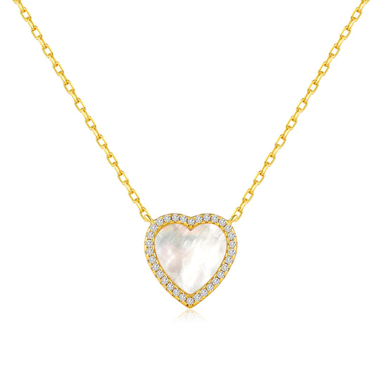 18k Gold Plated Mother of Pearl Gemstone Heart Necklace with Zircondia® Crystals - Philip Jones Jewellery