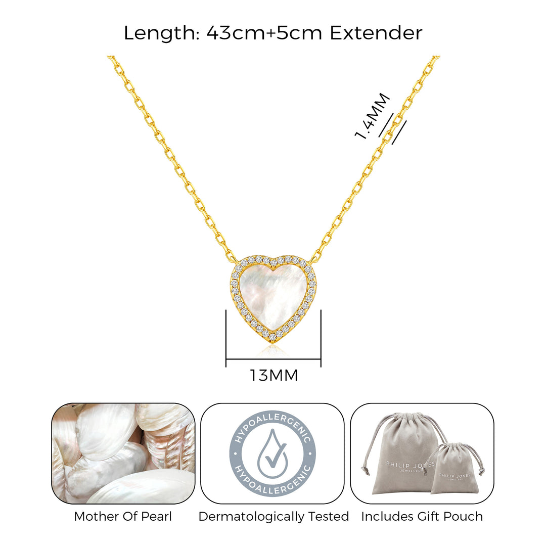 18k Gold Plated Mother of Pearl Gemstone Heart Necklace with Zircondia® Crystals