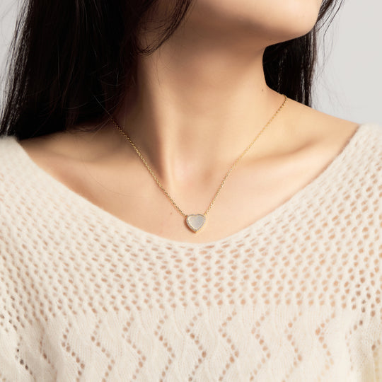 18k Gold Plated Mother of Pearl Gemstone Heart Necklace with Zircondia® Crystals