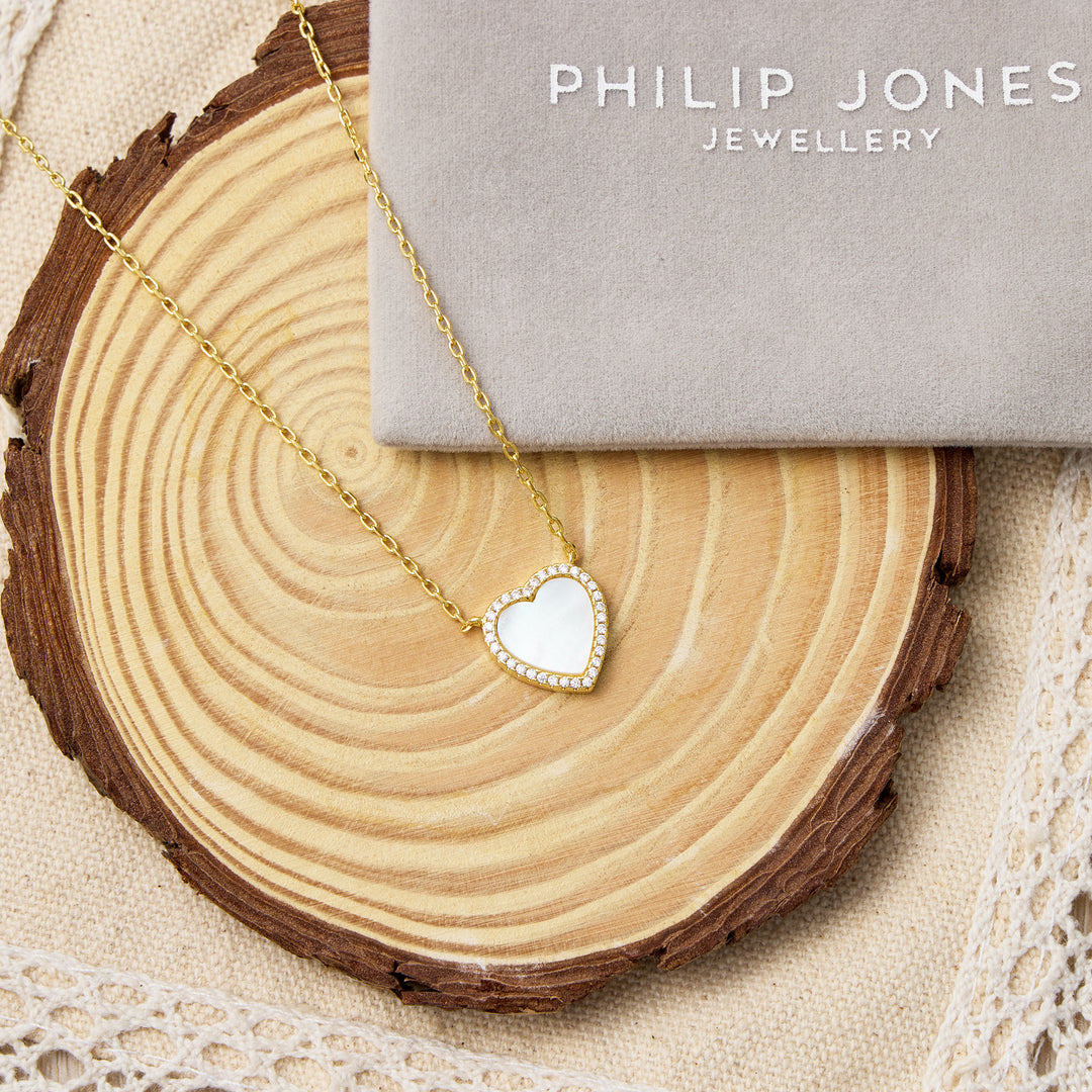 18k Gold Plated Mother of Pearl Gemstone Heart Necklace with Zircondia® Crystals