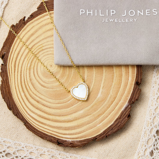 18k Gold Plated Mother of Pearl Gemstone Heart Necklace with Zircondia® Crystals