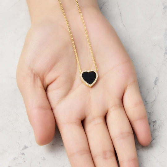 18k Gold Plated Black Onyx Gemstone Heart Necklace with Zircondia® Crystals