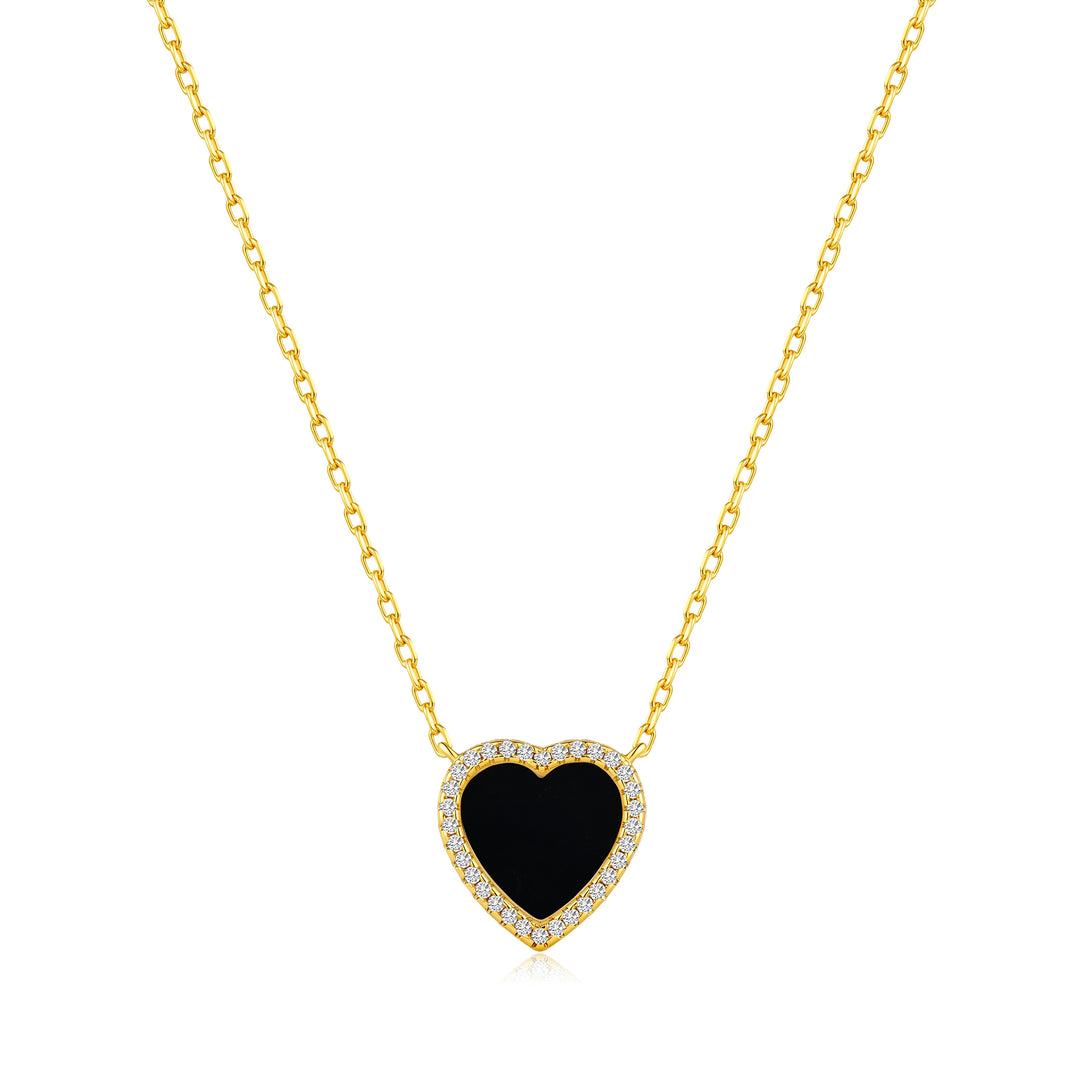 18k Gold Plated Black Onyx Gemstone Heart Necklace with Zircondia® Crystals