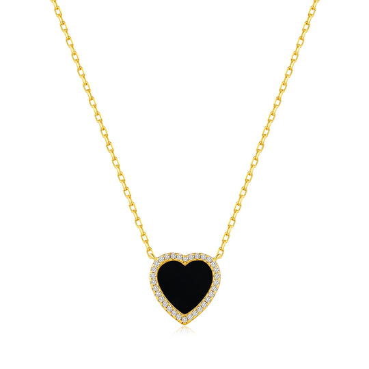 18k Gold Plated Black Onyx Gemstone Heart Necklace with Zircondia® Crystals