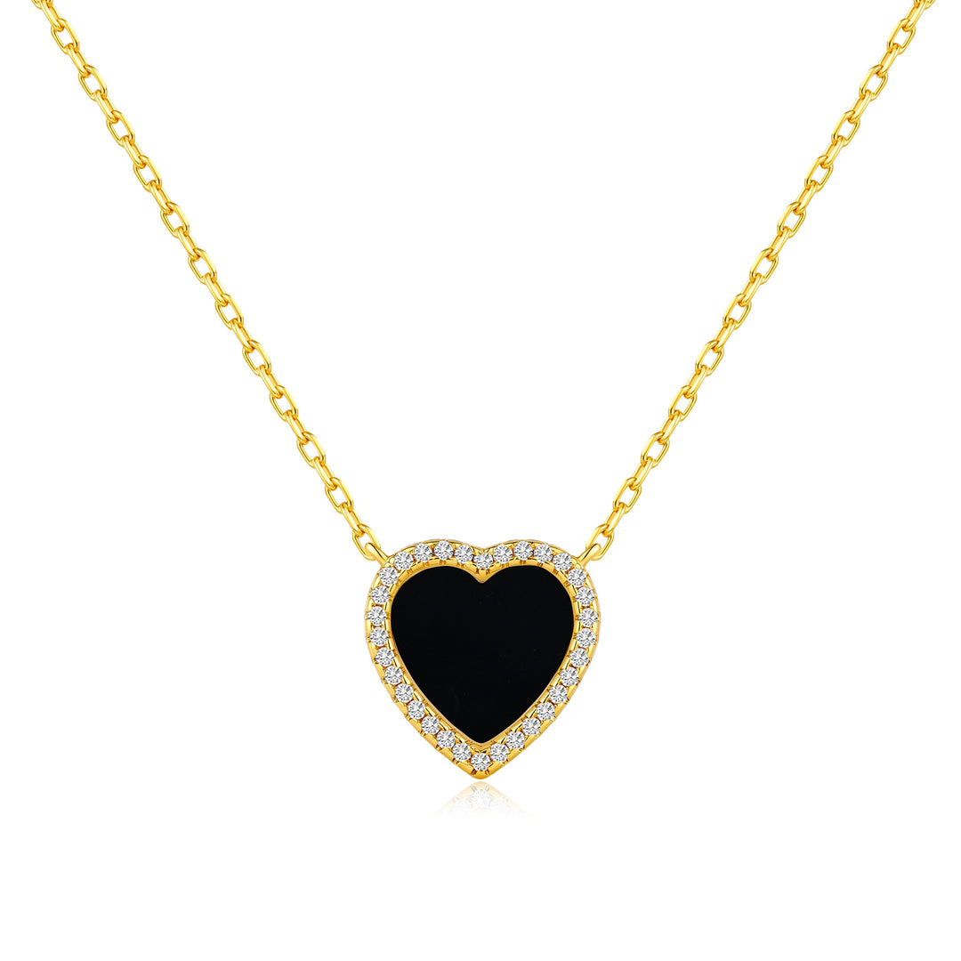 18k Gold Plated Black Onyx Gemstone Heart Necklace with Zircondia® Crystals - Philip Jones Jewellery
