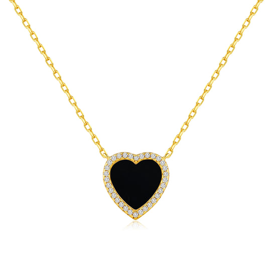18k Gold Plated Black Onyx Gemstone Heart Necklace with Zircondia® Crystals - Philip Jones Jewellery