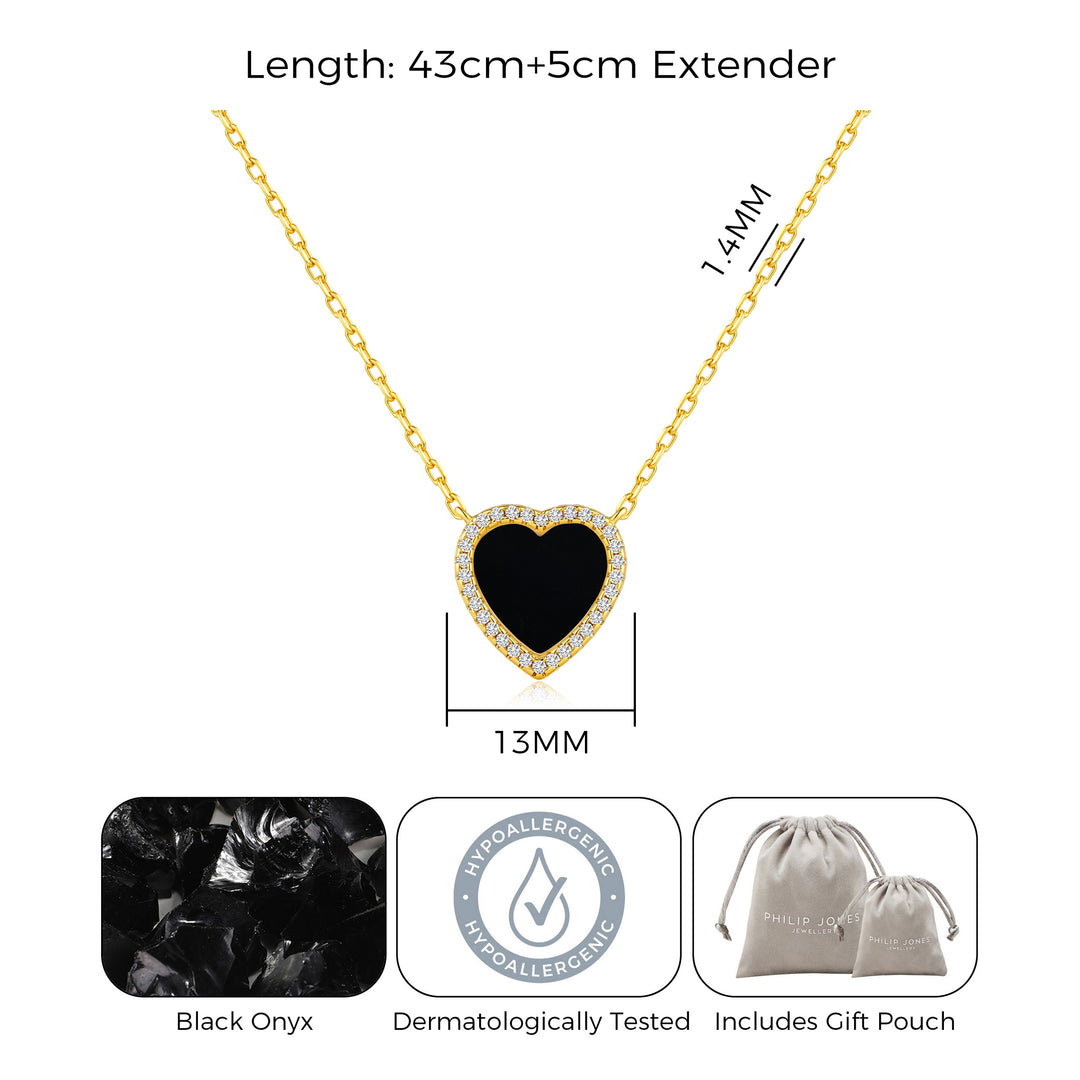 18k Gold Plated Black Onyx Gemstone Heart Necklace with Zircondia® Crystals