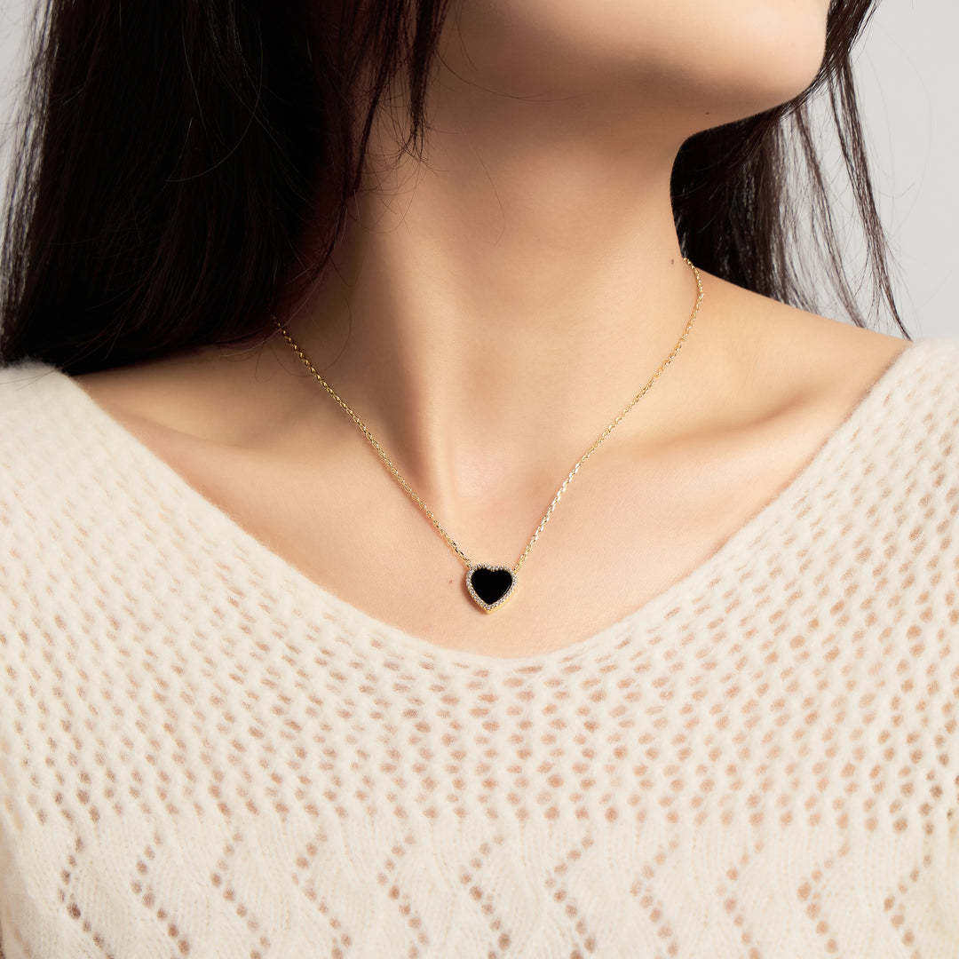 18k Gold Plated Black Onyx Gemstone Heart Necklace with Zircondia® Crystals