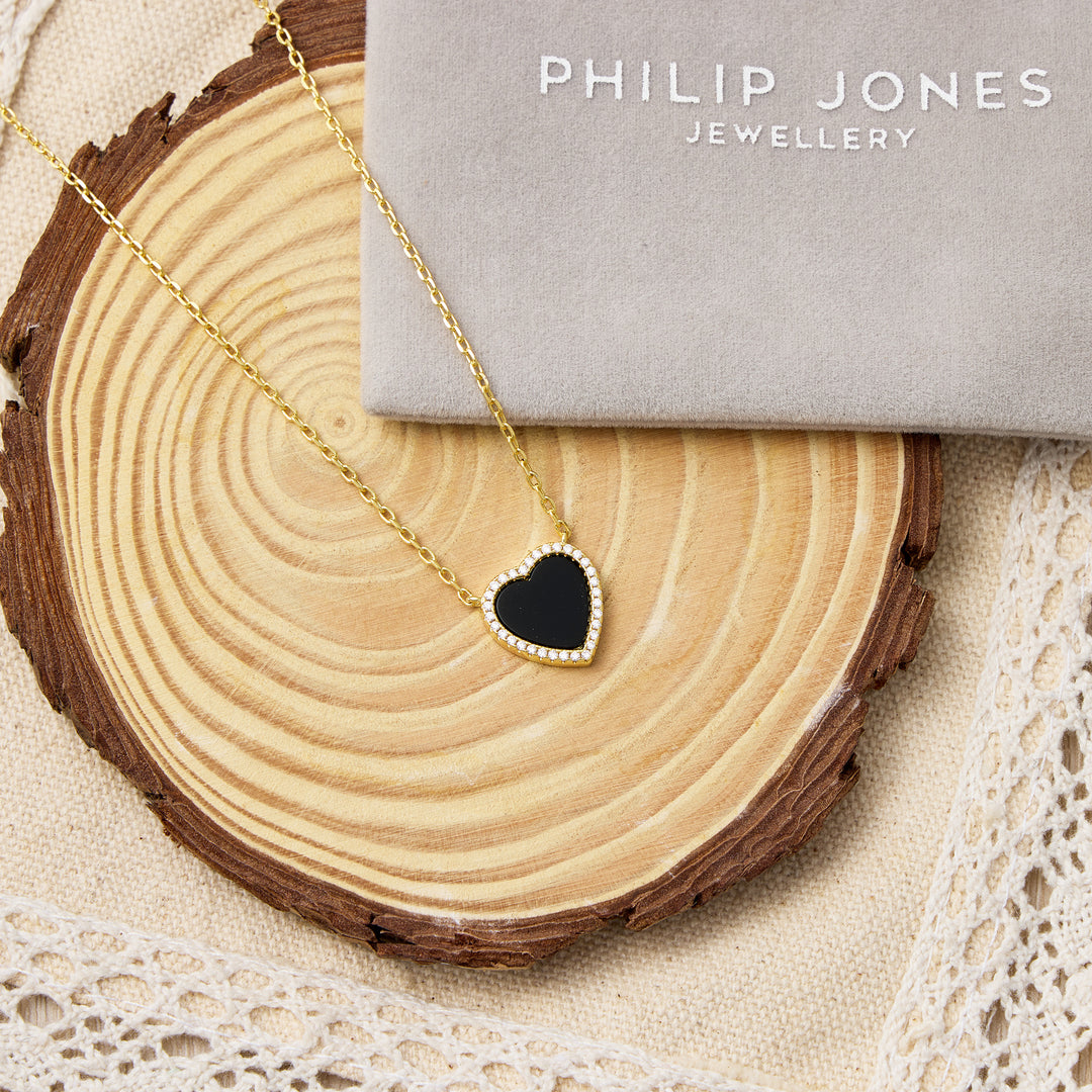 18k Gold Plated Black Onyx Gemstone Heart Necklace with Zircondia® Crystals