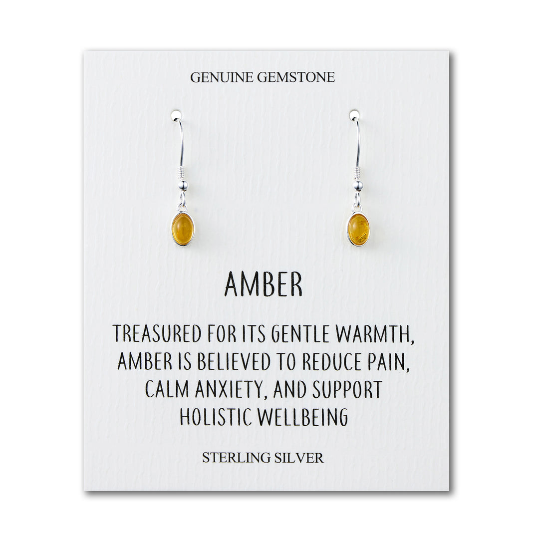 Sterling Silver Amber Oval Drop Earrings with Quote Card - Philip Jones Jewellery